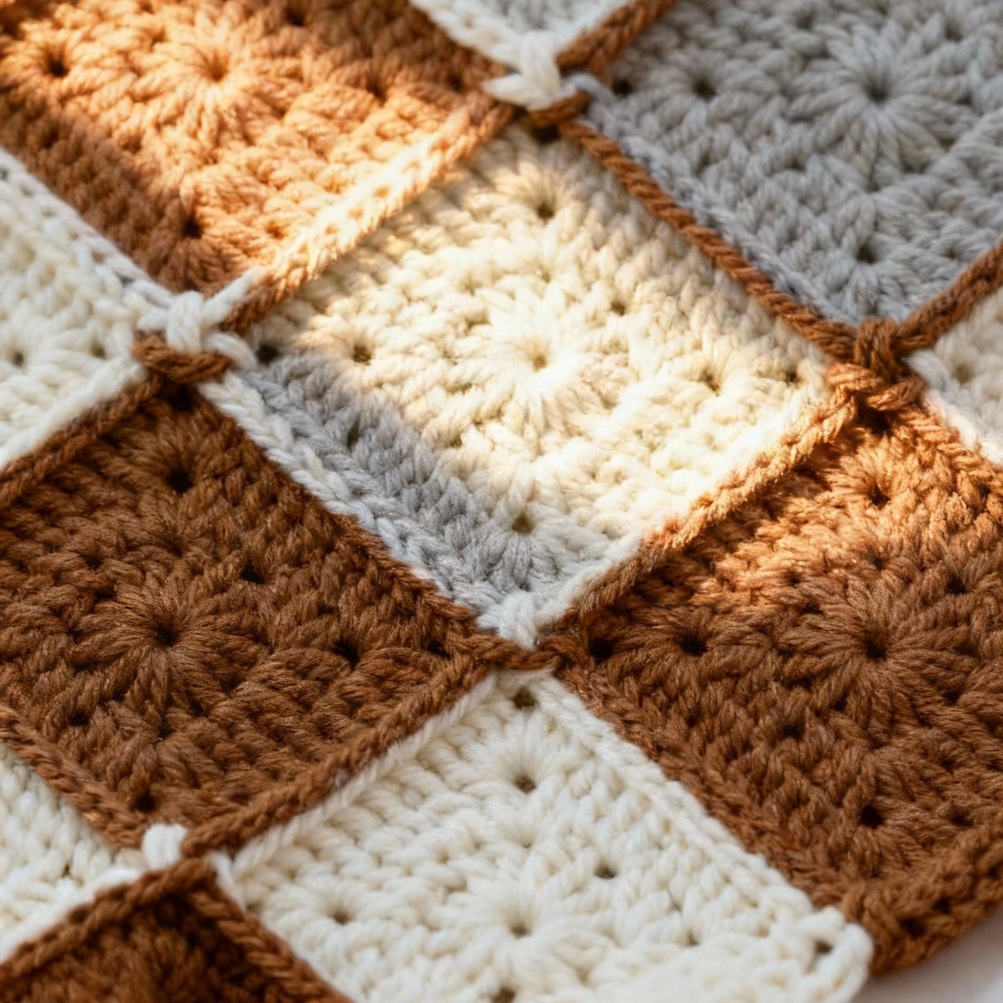 A close-up shot of a beginner's hand holding a beautifully crocheted granny square, showing the detailed texture and vibrant yarn.