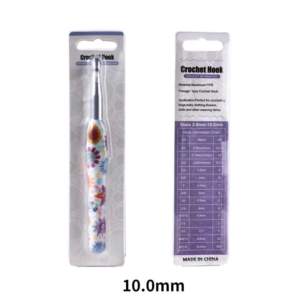 10mm Crochet hook with floral design in packaging on a white background