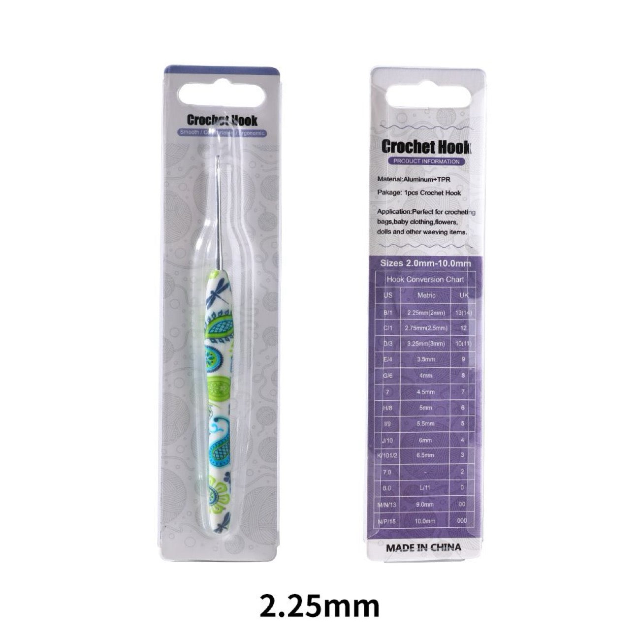 2.25mm Crochet hook with packaging on a white background