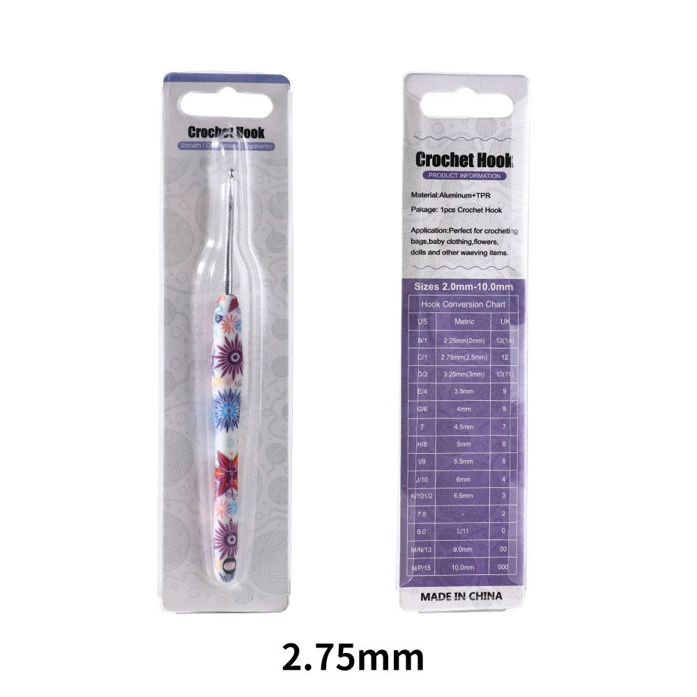 Crochet hook size 2.75mm with floral design in packaging on a white background