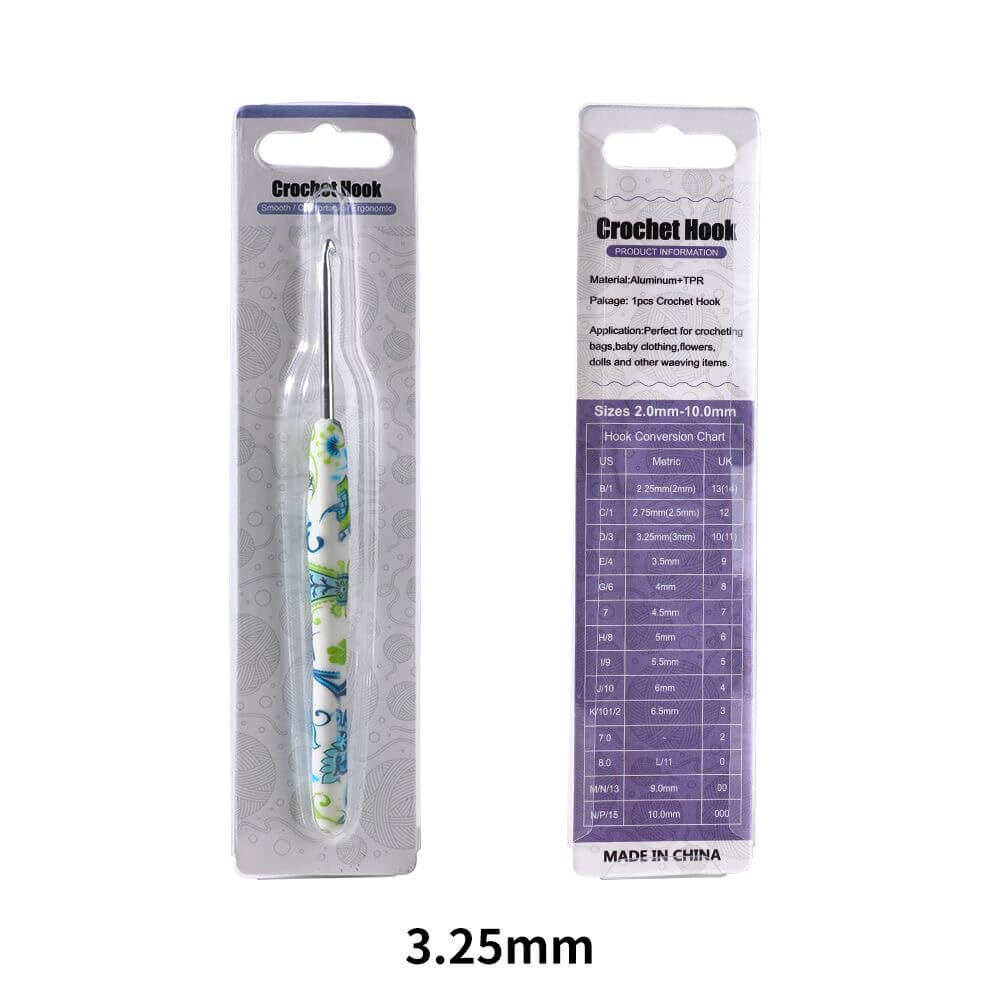 Crochet hook with packaging displaying size 3.25mm on a white background