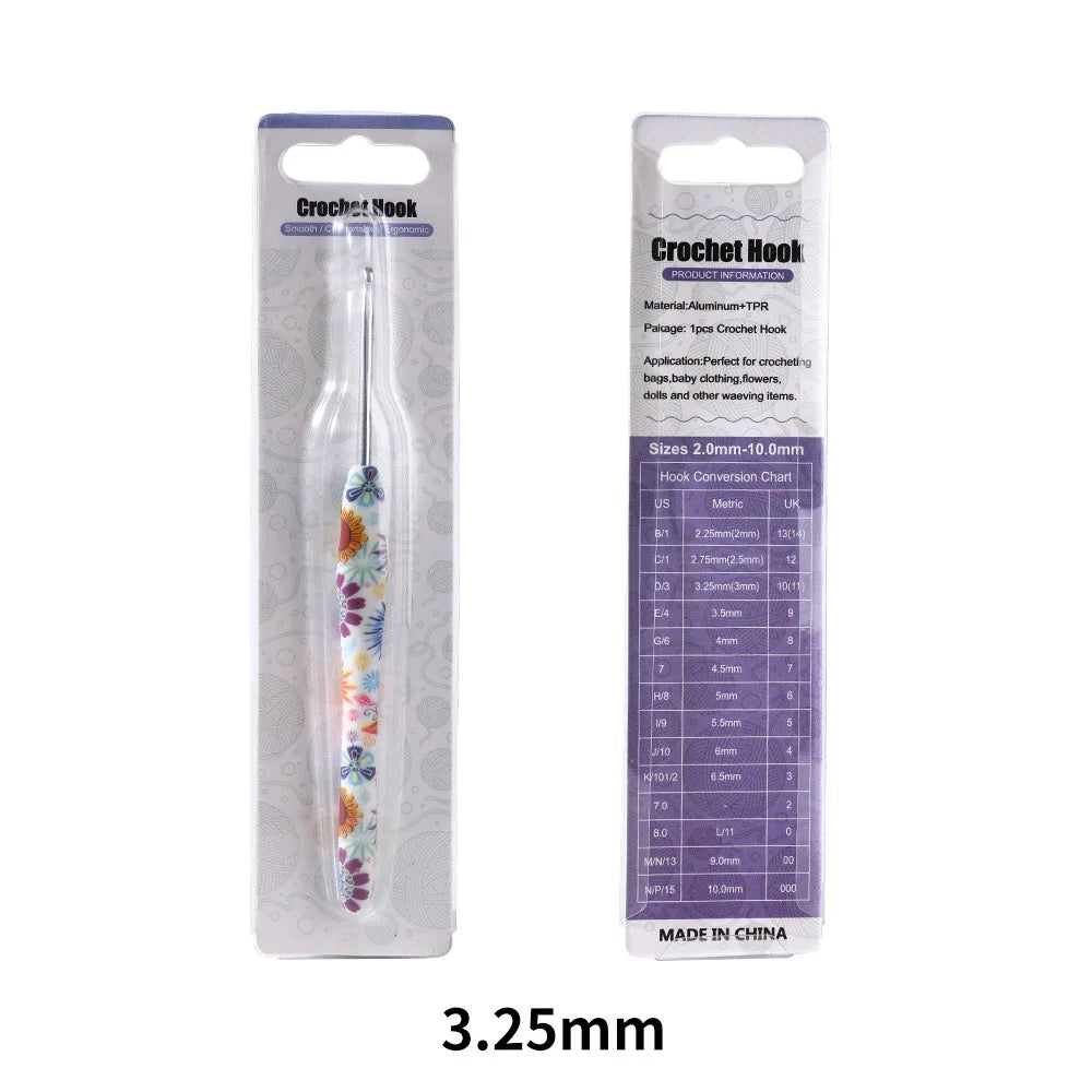 Crochet hook size 3.25mm with colorful handle in packaging on a white background
