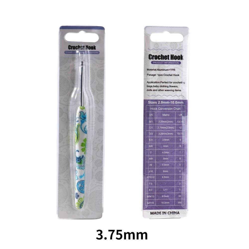Crochet hook with packaging displaying size 3.75mm on a white background