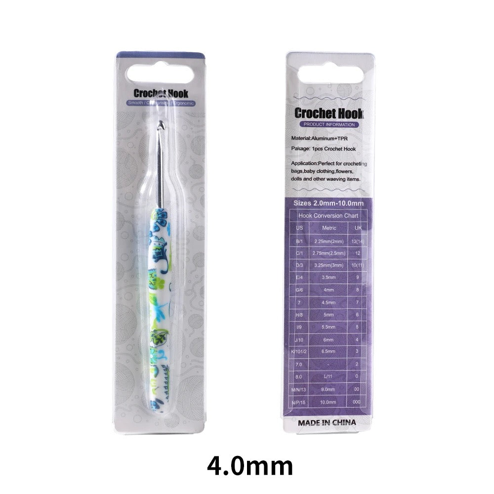 Crochet hook with packaging and size label on a white background