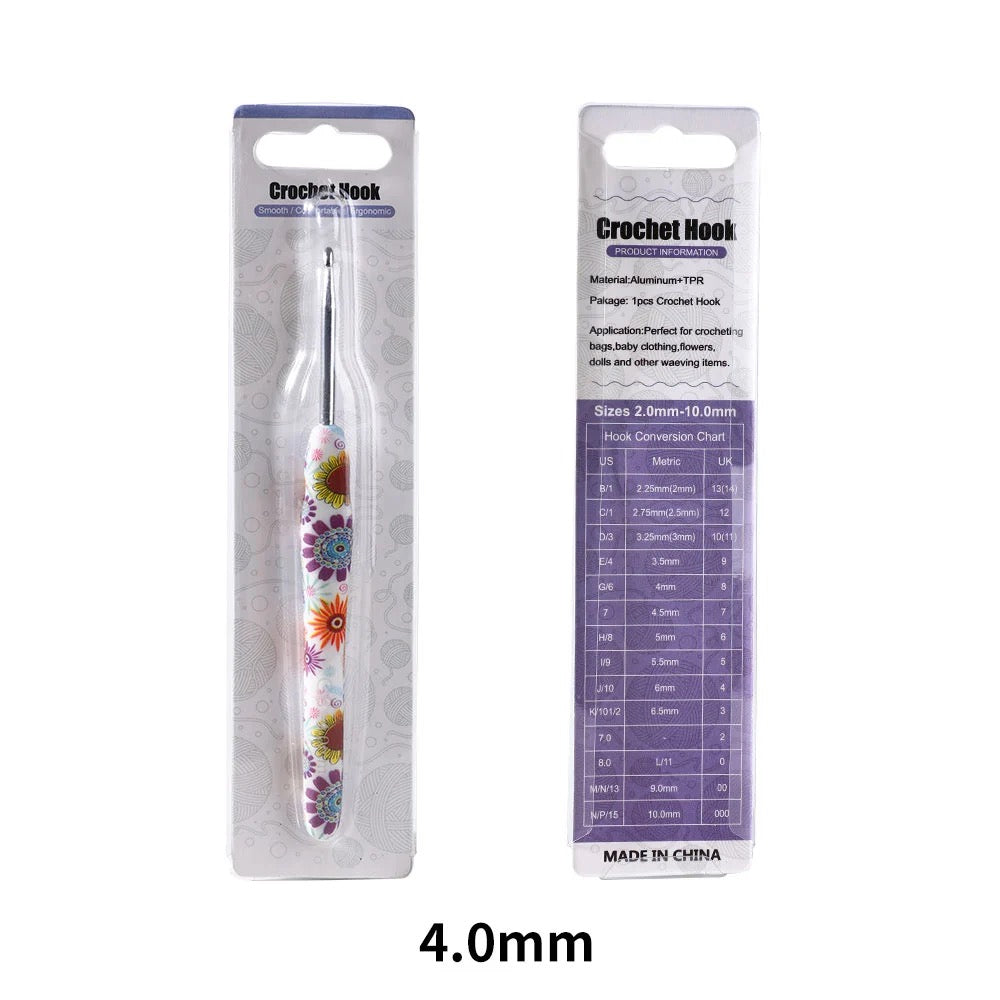 Crochet hook size 4mm with floral design in packaging on a white background