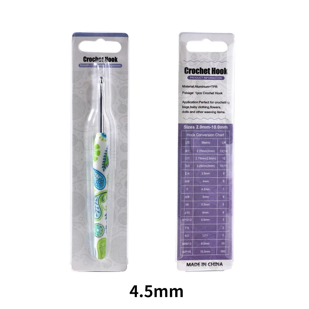 Crochet hook with packaging displaying size 4.5mm on a white background