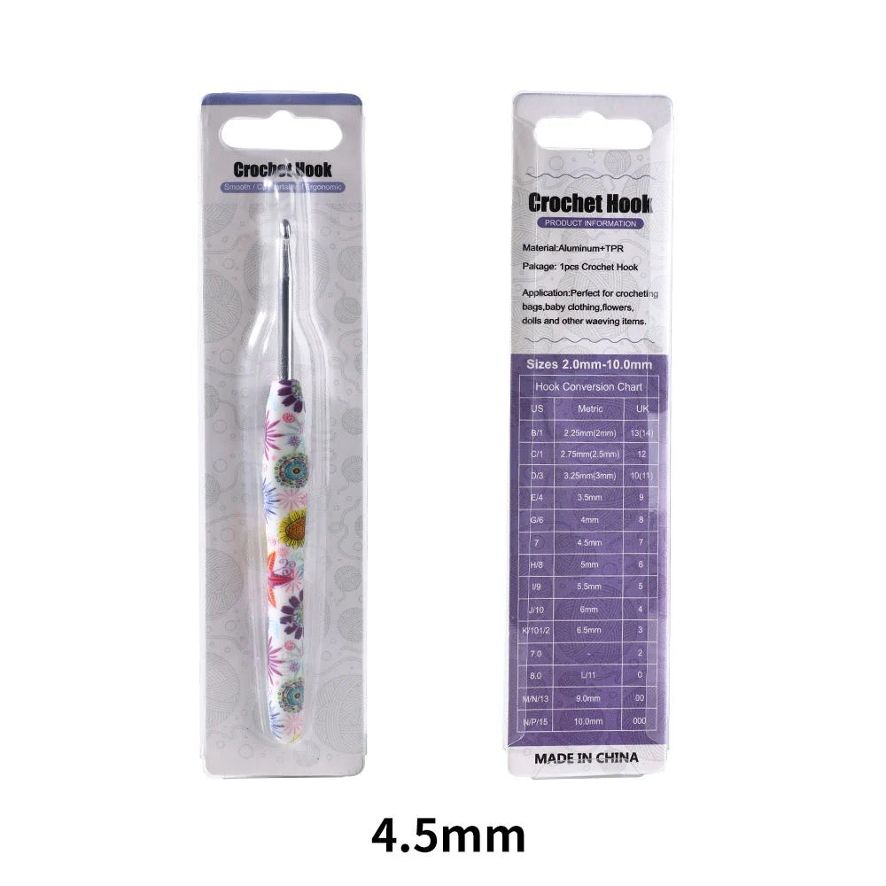 4.5mm Crochet hook with floral design in packaging on a white background