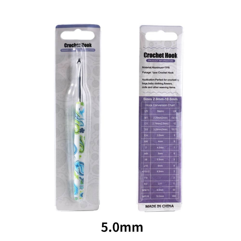 Crochet hook with packaging displaying size 5.0mm on a white background