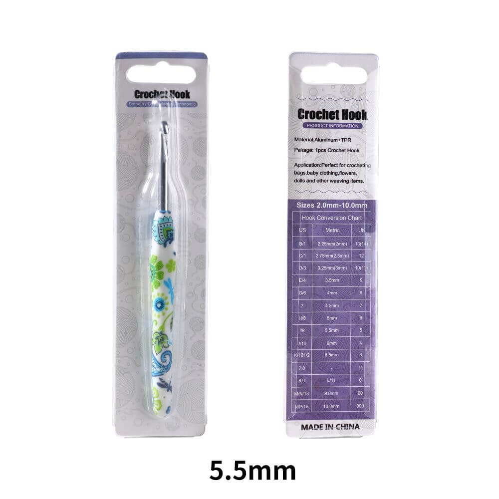Crochet hook with packaging and size chart on a white background