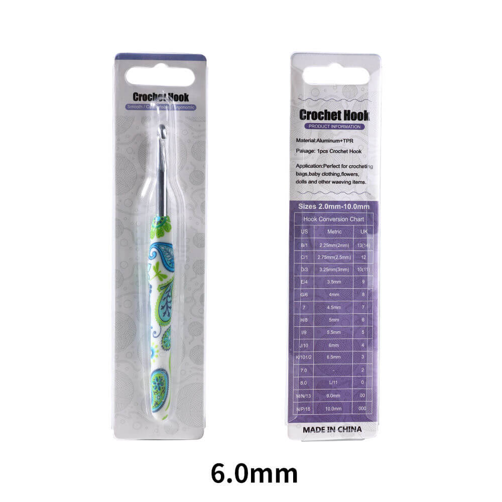 Crochet hook with packaging displaying size 6.0mm on a white background