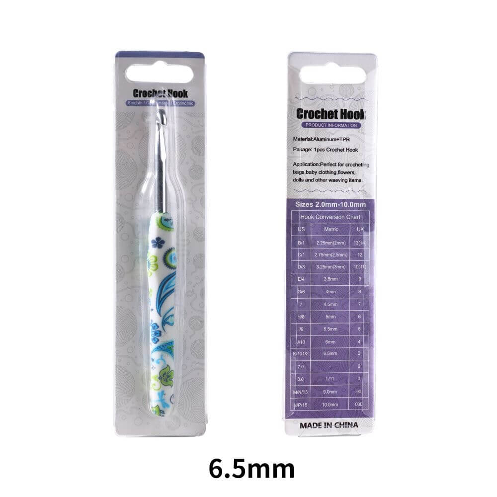 Crochet hook with packaging displaying size 6.5mm on a white background