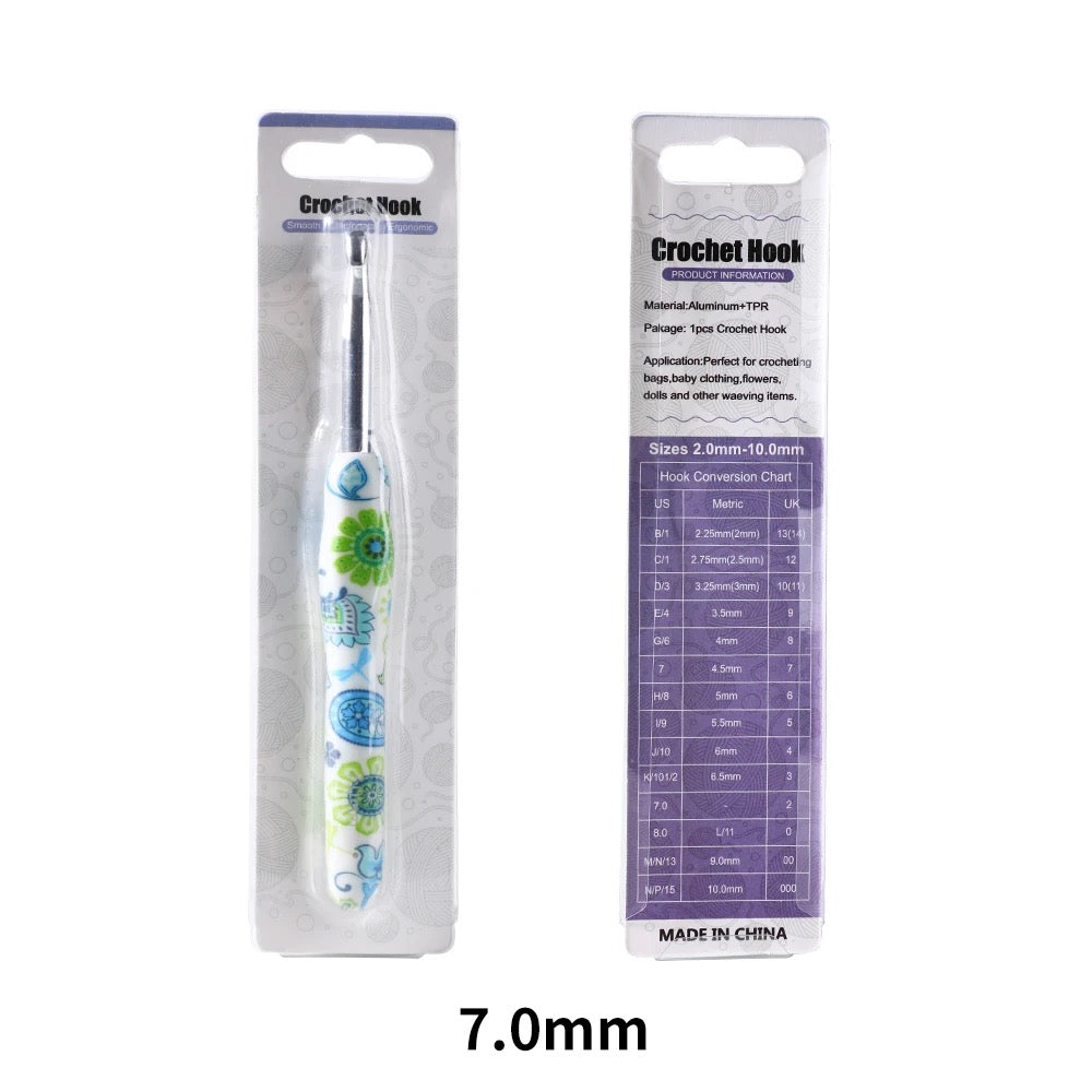 Crochet hook with packaging displaying size 7.0mm on a white background