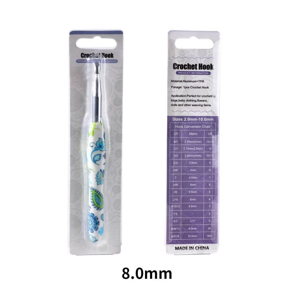 Crochet hook with packaging displaying size 8.0mm on a white background