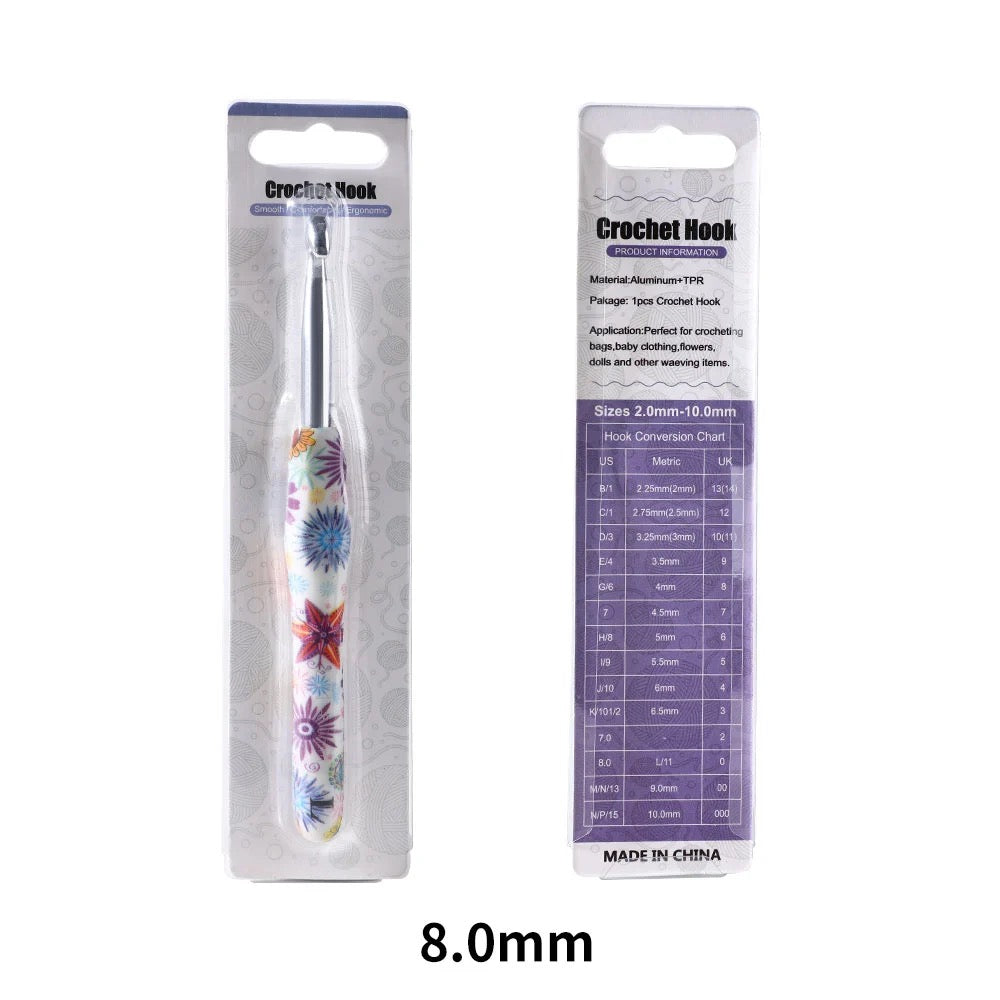8mm Crochet hook with floral design in packaging on a white background