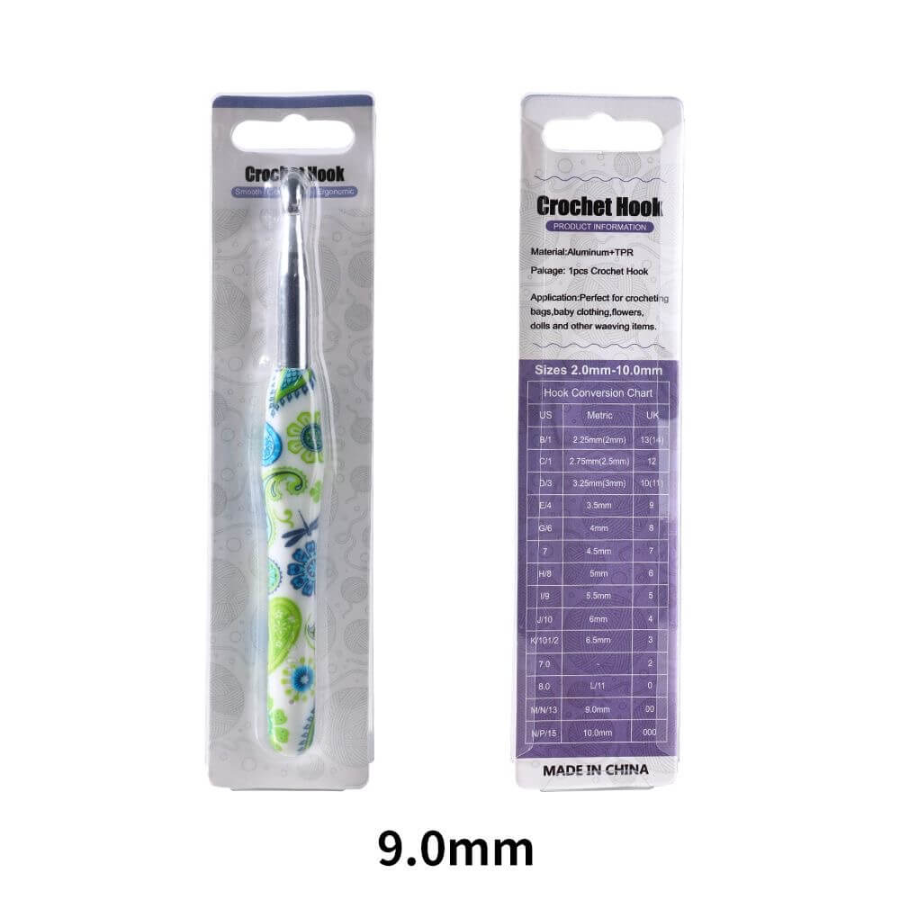 Crochet hook with packaging and size chart on a white background