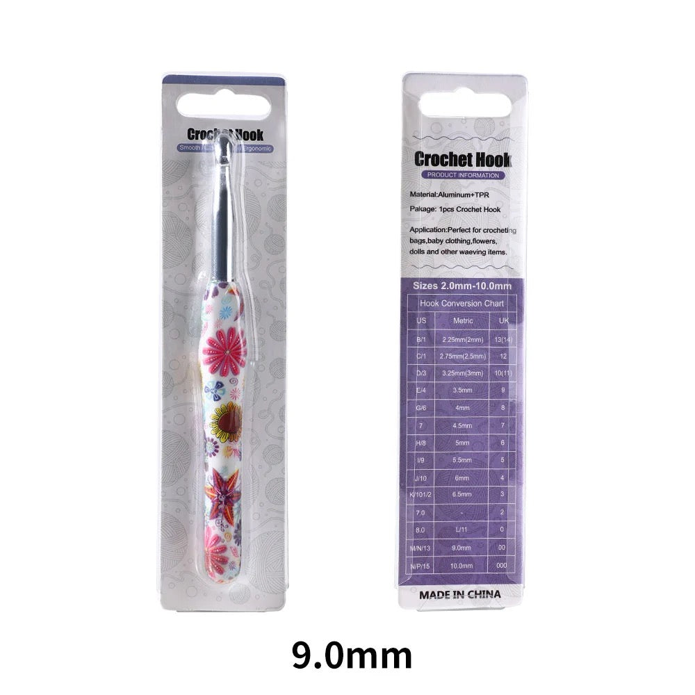 9mm Crochet hook with floral design in packaging on a white background