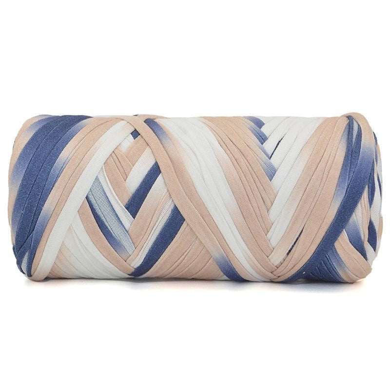 Rolled-up mat with blue and beige pattern on a white background