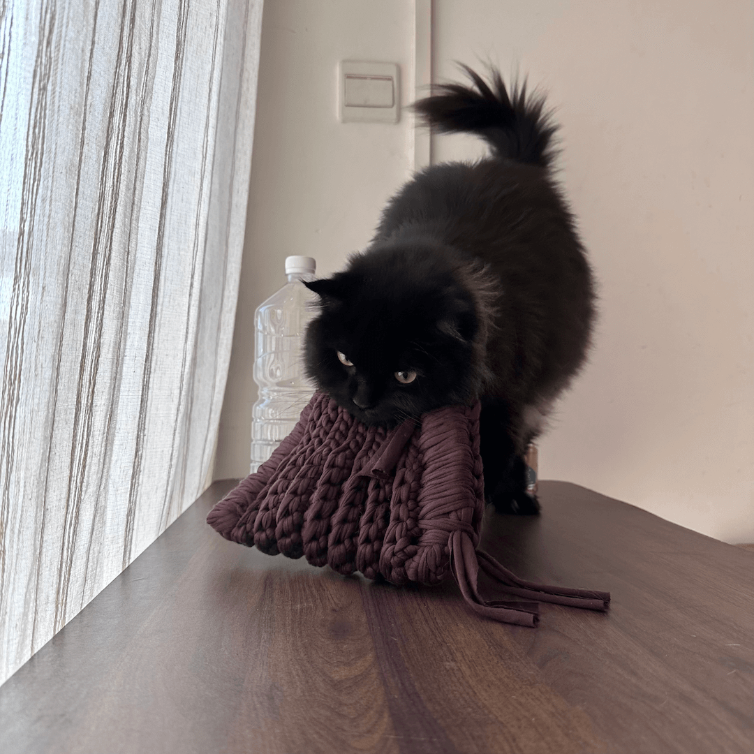 Black cat playing with a brown knitted bag on a wooden table.