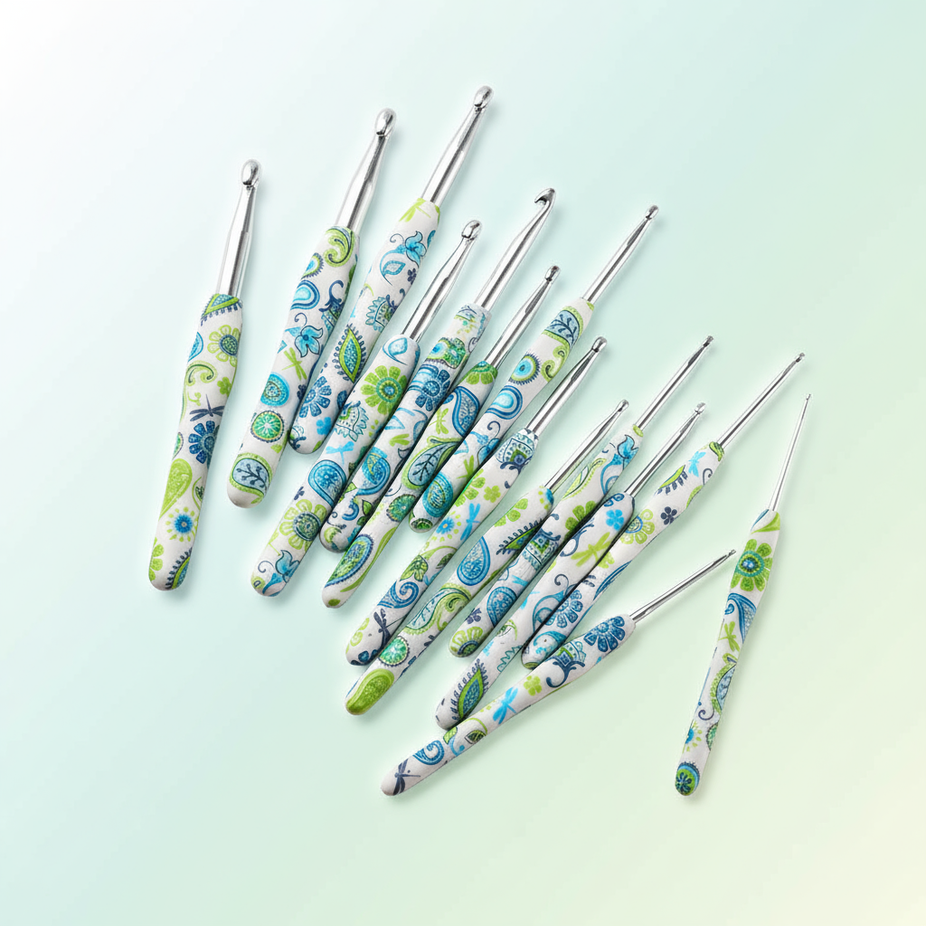 Set of crochet hooks with green and blue patterned handles on a light green background